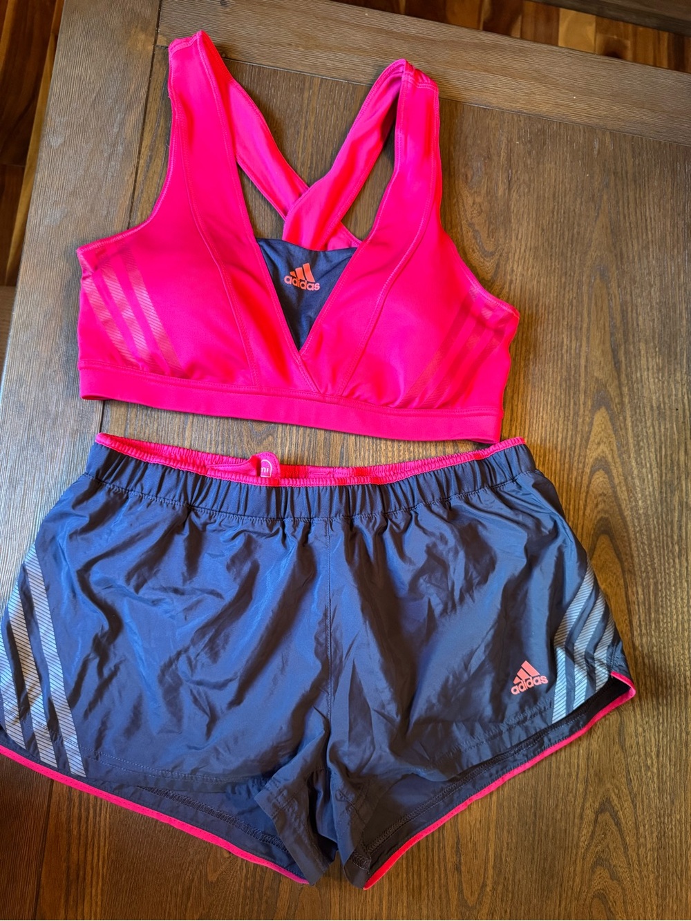 adidas Pink Sports Top with Gray Athletic Shorts. Top is a large & bottom med